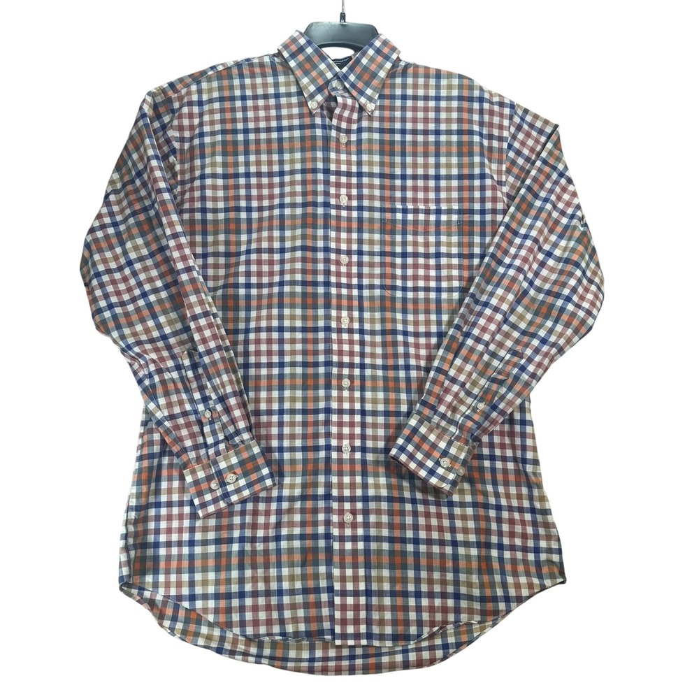Oxbeau Mens Classic Fit Non-Iron Plaid Button Down Shirt Medium Blue Orange Tan